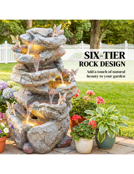 Outsunny Outdoor Water Fountain with 6-Tier Rock Style, Cascading Waterfall Feature with LED Lights, Adjustable Flow, Grey - pic 200999 | FastDaddyshop