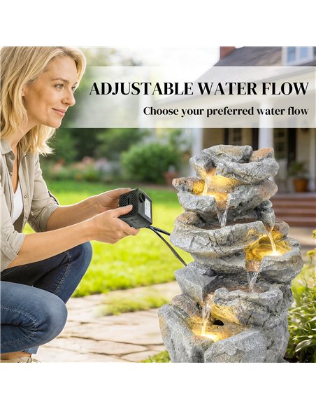 Outsunny Outdoor Water Fountain with 6-Tier Rock Style, Cascading Waterfall Feature with LED Lights, Adjustable Flow, Grey - pic 201001 | FastDaddyshop