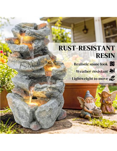 Outsunny Outdoor Water Fountain with 6-Tier Rock Style, Cascading Waterfall Feature with LED Lights, Adjustable Flow, Grey