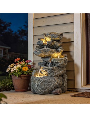 Outsunny Outdoor Water Fountain with 6-Tier Rock Style, Cascading Waterfall Feature with LED Lights, Adjustable Flow, Grey