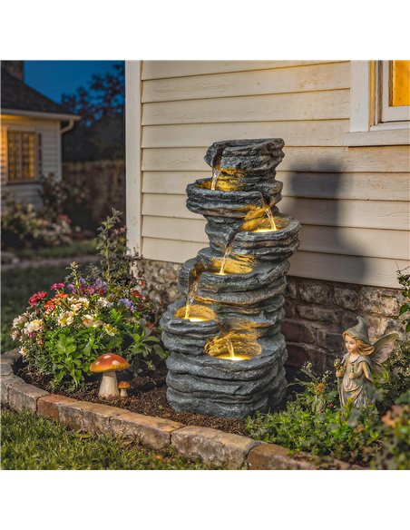 Outsunny Outdoor Fountain, 6-Tier Cascading Waterfall Feature with LED Lights, Resin Freestanding Garden Fountain, Grey - pic 201006 | FastDaddyshop