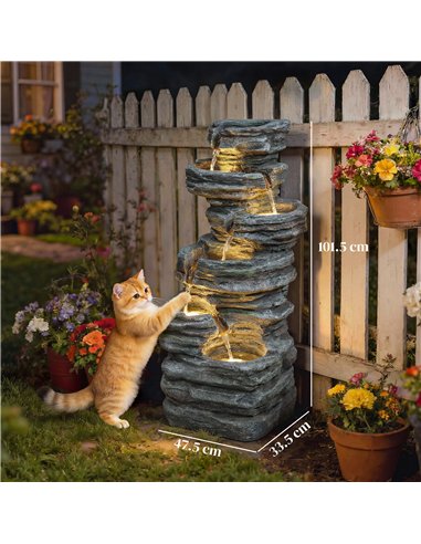 Outsunny Outdoor Fountain, 6-Tier Cascading Waterfall Feature with LED Lights, Resin Freestanding Garden Fountain, Grey
