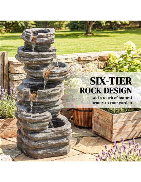 Outsunny Outdoor Fountain, 6-Tier Cascading Waterfall Feature with LED Lights, Resin Freestanding Garden Fountain, Grey - pic 201008 | FastDaddyshop
