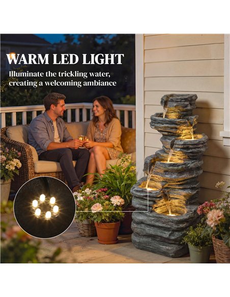 Outsunny Outdoor Fountain, 6-Tier Cascading Waterfall Feature with LED Lights, Resin Freestanding Garden Fountain, Grey - pic 201009 | FastDaddyshop
