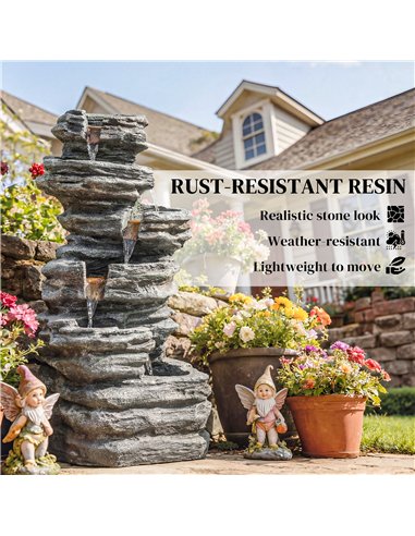 Outsunny Outdoor Fountain, 6-Tier Cascading Waterfall Feature with LED Lights, Resin Freestanding Garden Fountain, Grey