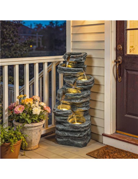 Outsunny Outdoor Fountain, 6-Tier Cascading Waterfall Feature with LED Lights, Resin Freestanding Garden Fountain, Grey - pic 201013 | FastDaddyshop