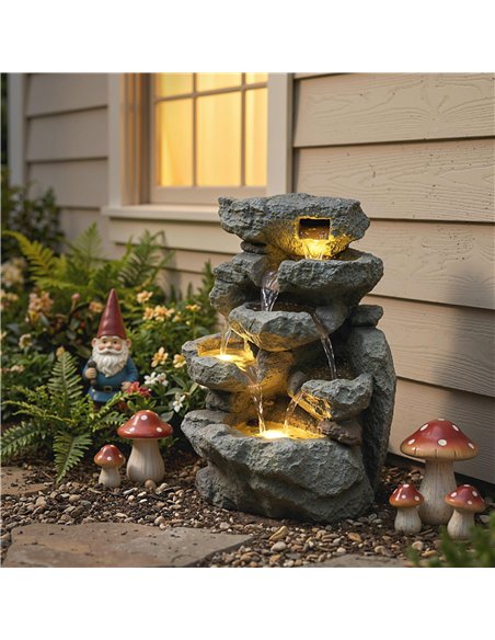 Outsunny Outdoor Fountain with 6-Tier Rock Design, Waterfall Feature with LED Lights, Resin Freestanding Garden Fountain, Grey - pic 201015 | FastDaddyshop