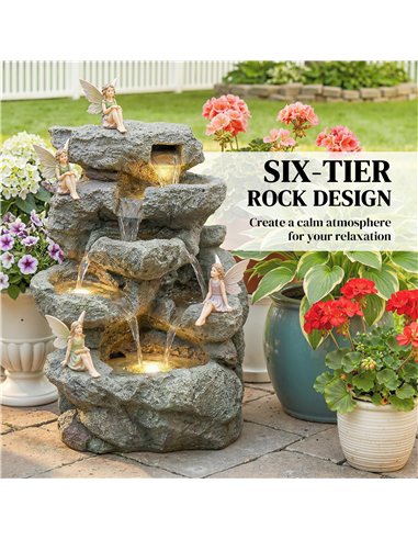 Outsunny Outdoor Fountain with 6-Tier Rock Design, Waterfall Feature with LED Lights, Resin Freestanding Garden Fountain, Grey