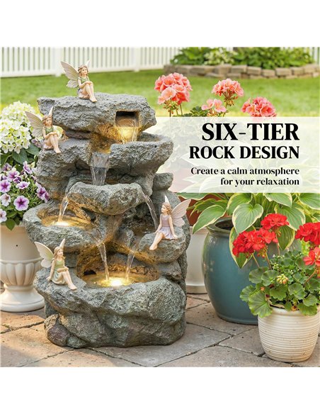 Outsunny Outdoor Fountain with 6-Tier Rock Design, Waterfall Feature with LED Lights, Resin Freestanding Garden Fountain, Grey - pic 201017 | FastDaddyshop