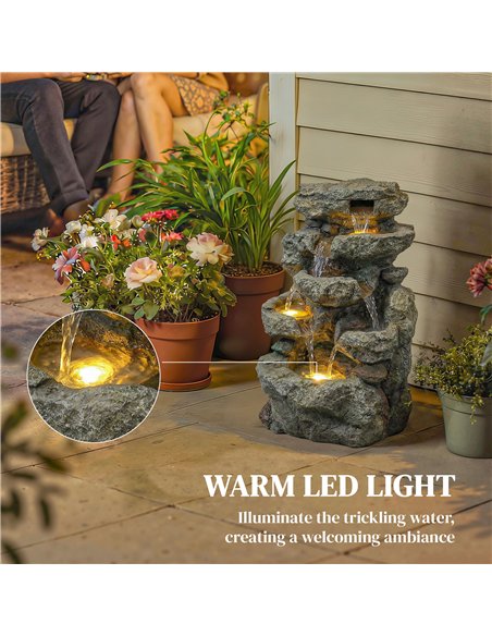 Outsunny Outdoor Fountain with 6-Tier Rock Design, Waterfall Feature with LED Lights, Resin Freestanding Garden Fountain, Grey - pic 201018 | FastDaddyshop