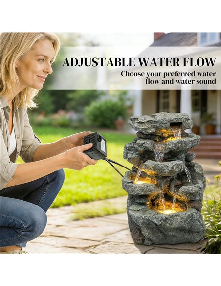Outsunny Outdoor Fountain with 6-Tier Rock Design, Waterfall Feature with LED Lights, Resin Freestanding Garden Fountain, Grey - pic 201019 | FastDaddyshop