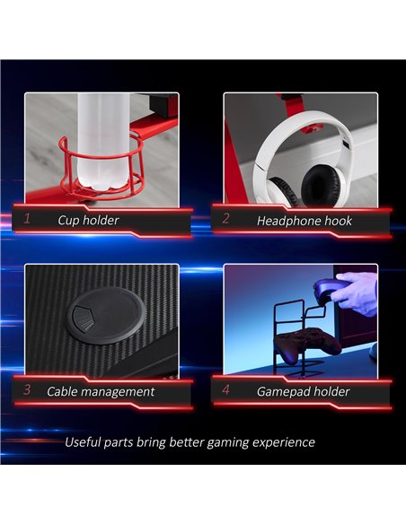 HOMCOM Ergonomic Gaming Desk, Racing Table, with Headphone Hook and Cup Holder, Black-Red - pic 20102 | FastDaddyshop
