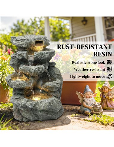 Outsunny Outdoor Fountain with 6-Tier Rock Design, Waterfall Feature with LED Lights, Resin Freestanding Garden Fountain, Grey