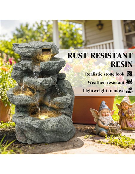 Outsunny Outdoor Fountain with 6-Tier Rock Design, Waterfall Feature with LED Lights, Resin Freestanding Garden Fountain, Grey - pic 201020 | FastDaddyshop