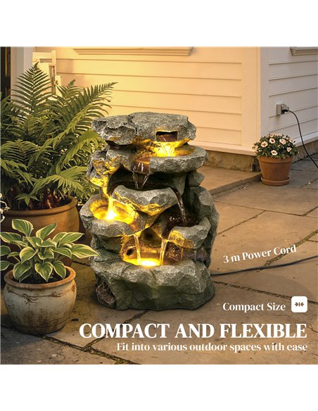 Outsunny Outdoor Fountain with 6-Tier Rock Design, Waterfall Feature with LED Lights, Resin Freestanding Garden Fountain, Grey - pic 201021 | FastDaddyshop