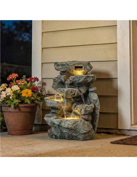 Outsunny Outdoor Fountain with 6-Tier Rock Design, Waterfall Feature with LED Lights, Resin Freestanding Garden Fountain, Grey - pic 201022 | FastDaddyshop