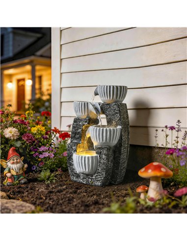 Outsunny 4-Tier Bowl Water Feature, Indoor Outdoor Garden Water Fountain with Pump and LED Lights, Resin Cascading Waterfall