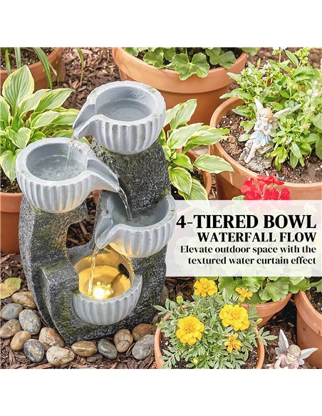Outsunny 4-Tier Bowl Water Feature, Indoor Outdoor Garden Water Fountain with Pump and LED Lights, Resin Cascading Waterfall - pic 201028 | FastDaddyshop