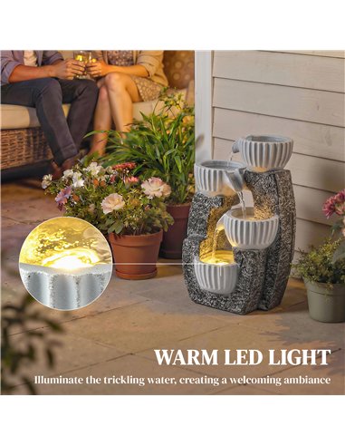 Outsunny 4-Tier Bowl Water Feature, Indoor Outdoor Garden Water Fountain with Pump and LED Lights, Resin Cascading Waterfall