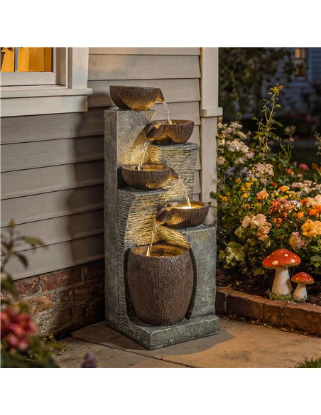 Outsunny Outdoor Fountain with 5-Tier, Garden Fountain with LED Lights, Adjustable Flow, Grey and Rustic Brown - pic 201033 | FastDaddyshop