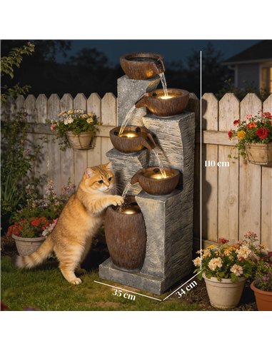 Outsunny Outdoor Fountain with 5-Tier, Garden Fountain with LED Lights, Adjustable Flow, Grey and Rustic Brown