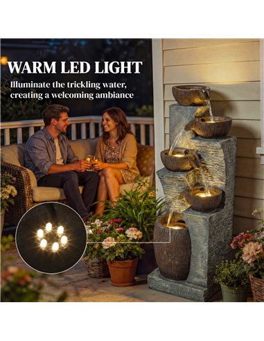 Outsunny Outdoor Fountain with 5-Tier, Garden Fountain with LED Lights, Adjustable Flow, Grey and Rustic Brown