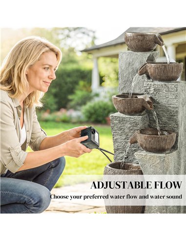 Outsunny Outdoor Fountain with 5-Tier, Garden Fountain with LED Lights, Adjustable Flow, Grey and Rustic Brown