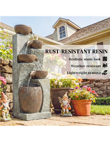 Outsunny Outdoor Fountain with 5-Tier, Garden Fountain with LED Lights, Adjustable Flow, Grey and Rustic Brown