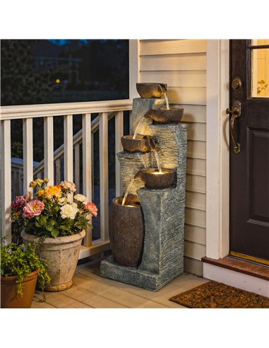 Outsunny Outdoor Fountain with 5-Tier, Garden Fountain with LED Lights, Adjustable Flow, Grey and Rustic Brown