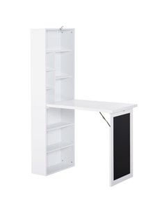 HOMCOM Wall Mount Fold-out Convertible Writing Desk with Blackboard, Side Shelf, White