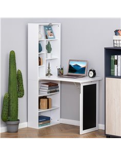 HOMCOM Wall Mount Fold-out Convertible Writing Desk with Blackboard, Side Shelf, White 2