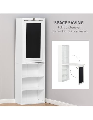 HOMCOM Wall Mount Fold-out Convertible Writing Desk with Blackboard, Side Shelf, White
