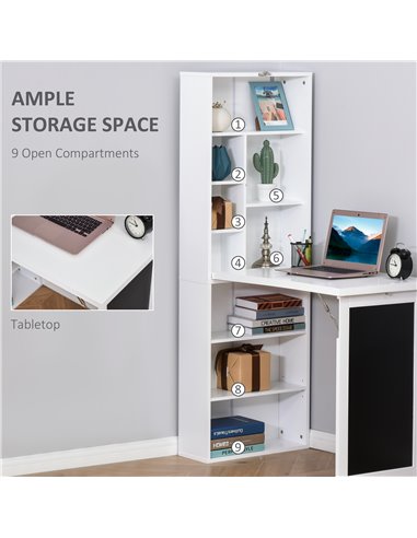 HOMCOM Wall Mount Fold-out Convertible Writing Desk with Blackboard, Side Shelf, White