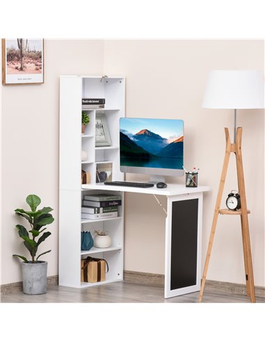 HOMCOM Wall Mount Fold-out Convertible Writing Desk with Blackboard, Side Shelf, White