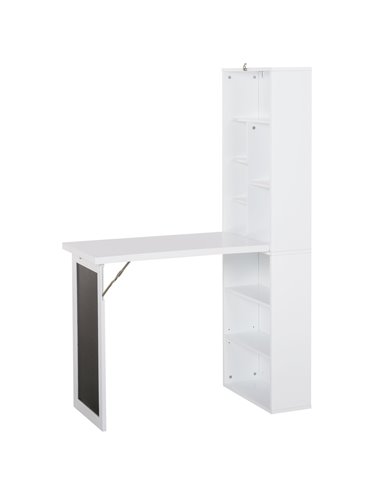 HOMCOM Wall Mount Fold-out Convertible Writing Desk with Blackboard, Side Shelf, White