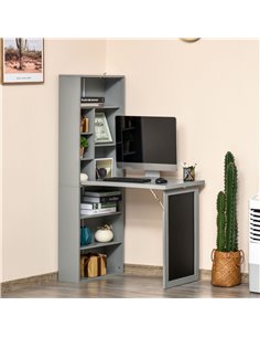 HOMCOM Wall Mount Fold-out Convertible Writing Desk with Blackboard, Side Shelf, Grey 2