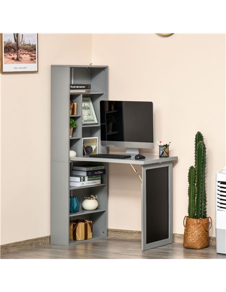 HOMCOM Wall Mount Fold-out Convertible Writing Desk with Blackboard, Side Shelf, Grey - pic 20133 | FastDaddyshop
