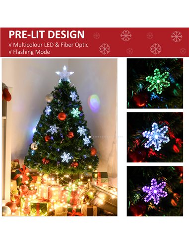 HOMCOM 3FT Green Fibre Optic Artificial Christmas Tree Xmas Colourful LED Scattered Tree with Snowflakes Ornaments Fireproofing