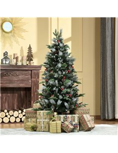 HOMCOM 5FT Artificial Snow Dipped Christmas Tree Xmas Pencil Tree Holiday Home Party Decoration with Foldable Feet Red Berries W 2