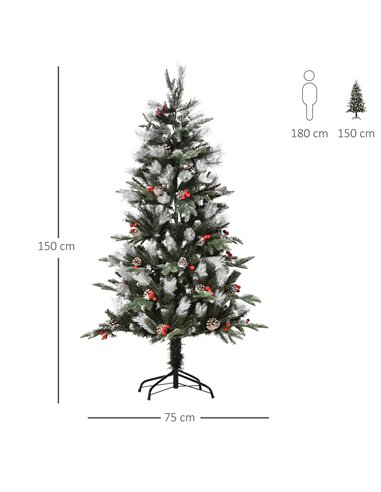 HOMCOM 5FT Artificial Snow Dipped Christmas Tree Xmas Pencil Tree Holiday Home Party Decoration with Foldable Feet Red Berries W