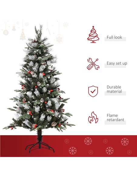 HOMCOM 5FT Artificial Snow Dipped Christmas Tree Xmas Pencil Tree Holiday Home Party Decoration with Foldable Feet Red Berries W - pic 201377 | FastDaddyshop