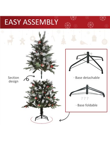 HOMCOM 5FT Artificial Snow Dipped Christmas Tree Xmas Pencil Tree Holiday Home Party Decoration with Foldable Feet Red Berries W