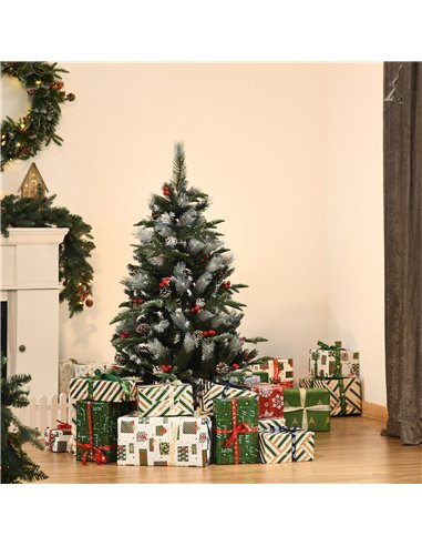 HOMCOM 4FT Artificial Snow Dipped Christmas Tree Xmas Pencil Tree Holiday Home Party Decoration with Foldable Feet Red Berries W