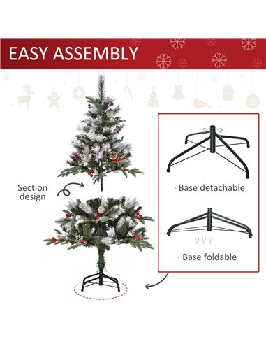 HOMCOM 4FT Artificial Snow Dipped Christmas Tree Xmas Pencil Tree Holiday Home Party Decoration with Foldable Feet Red Berries W