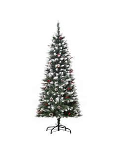 HOMCOM 5FT Artificial Christmas Tree Xmas Pencil Tree with Red Berries and Pinecones Holiday Home Indoor Decoration with Foldabl