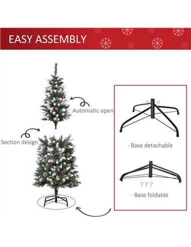 HOMCOM 5FT Artificial Christmas Tree Xmas Pencil Tree with Red Berries and Pinecones Holiday Home Indoor Decoration with Foldabl