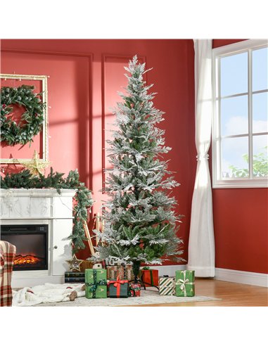 HOMCOM 7 Ft Pencil Snow Flocked Artificial Christmas Tree with Realistic Cypress Branches, Auto Open, Green