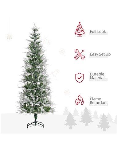 HOMCOM 7 Ft Pencil Snow Flocked Artificial Christmas Tree with Realistic Cypress Branches, Auto Open, Green