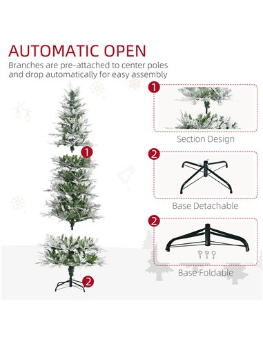 HOMCOM 7 Ft Pencil Snow Flocked Artificial Christmas Tree with Realistic Cypress Branches, Auto Open, Green