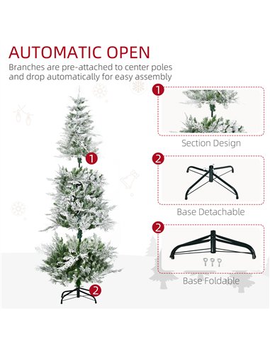 HOMCOM 6 Ft Pencil Snow Flocked Artificial Christmas Tree with Realistic Cypress Branches, Auto Open, Green